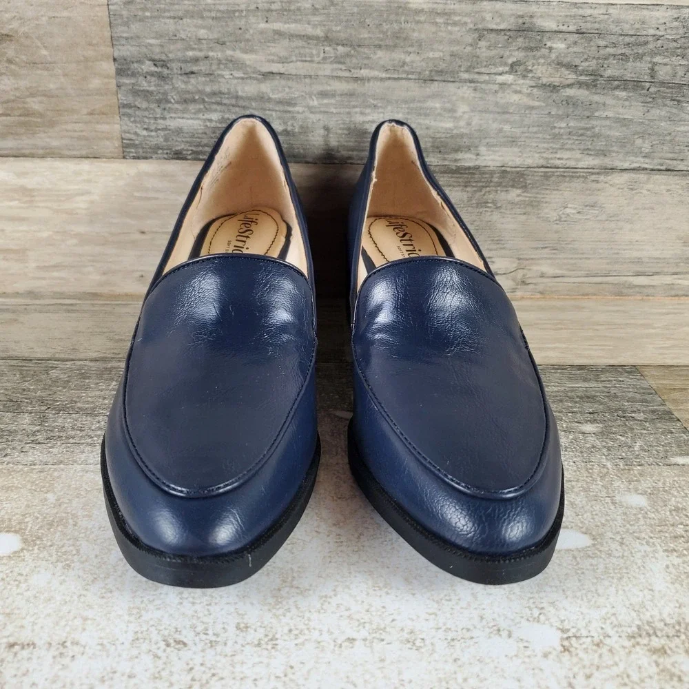 LifeStride Devyn Womens Loafers Sz 6.5 M Navy Faux Leather Slip On Block‎ Heel